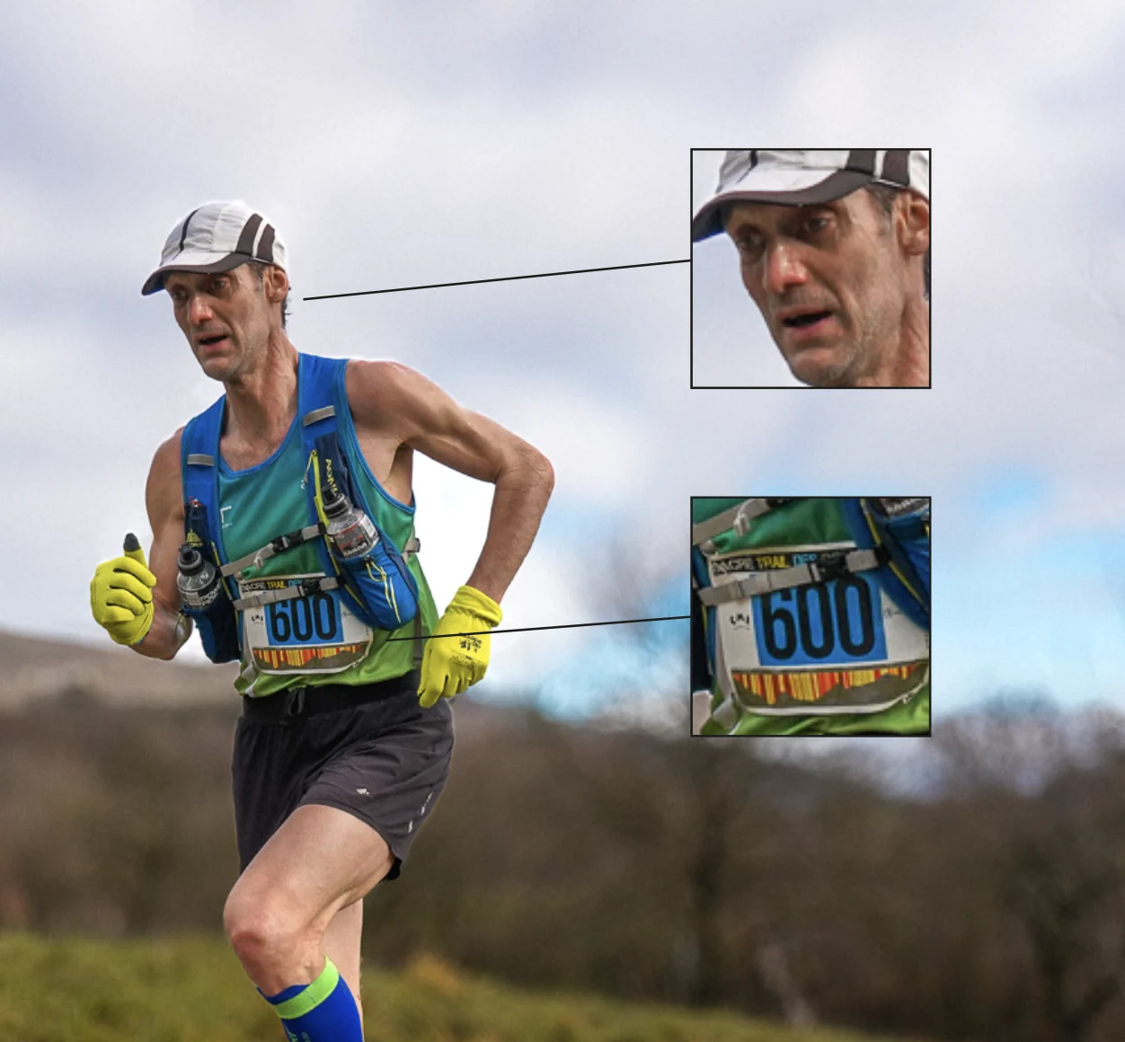 Un coureur photographié en course, avec deux agrandissements : son visage et son dossard numéro 600, les deux repères qui permettent de retrouver ses photos
